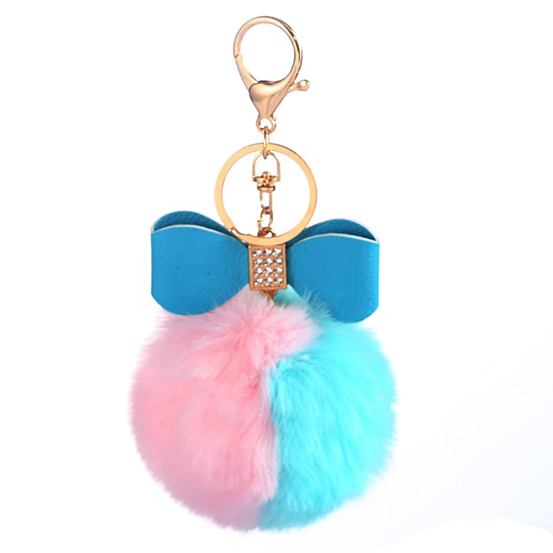 Cute Rainbow Pom Poms PU leather Bow Keychain Faux Fur Fluffy Key Ring for Women Girls
