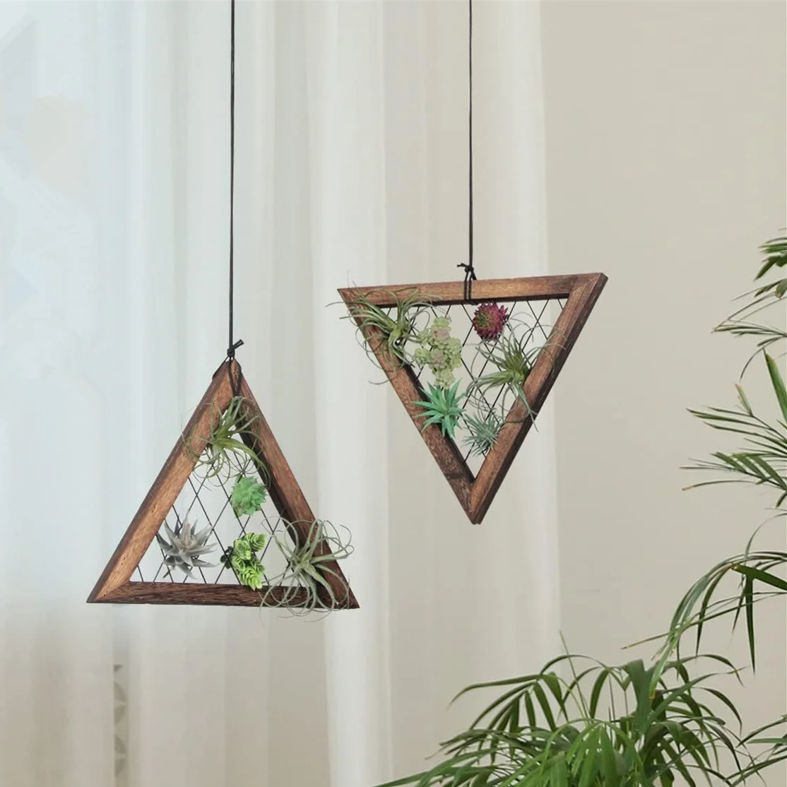 Triangle Rustic Wooden Air Plant Frame With Wire Web for Tillandsia, Succulent, Ornamental Display Stand