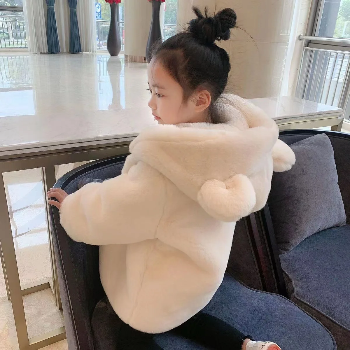 Wholesale Winter Warm bear ear  Clothing Kids Girl hooded Overcoat Jacket Faux Fur Toddler Baby Loose Coats