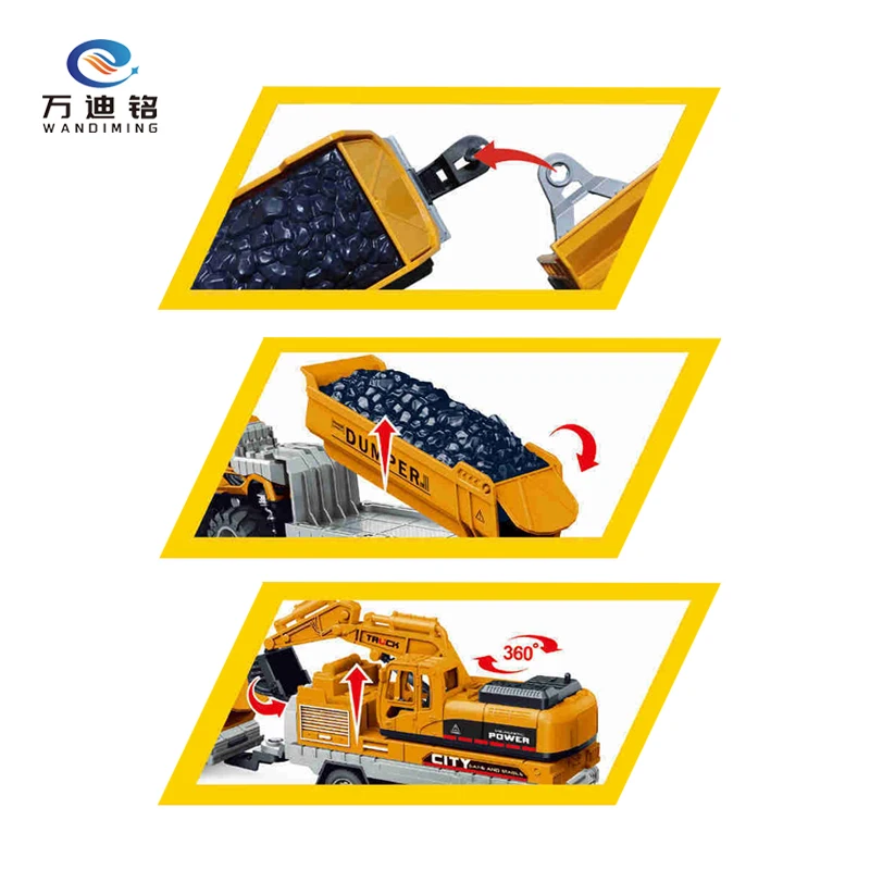 WDM 1:43 4WD inertial Alloy Toy Friction Die-Cast Engineering Trailer model Truck Diecast Toys with Excavator car