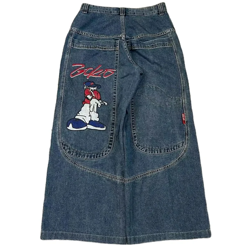 Custom Embroidery Logo Streetwear Denim Jean Vintage Pants Loose Straight Gigantic Pocket Wide leg Pants Baggy Jeans Men