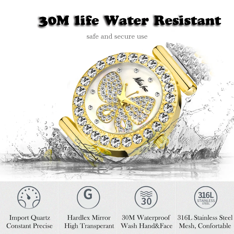MISSFOX Butterfly Women Watches Luxury Brand Big Diamond 18K Gold Watch Waterproof Special Bracelet Expensive Ladies Wrist Watch