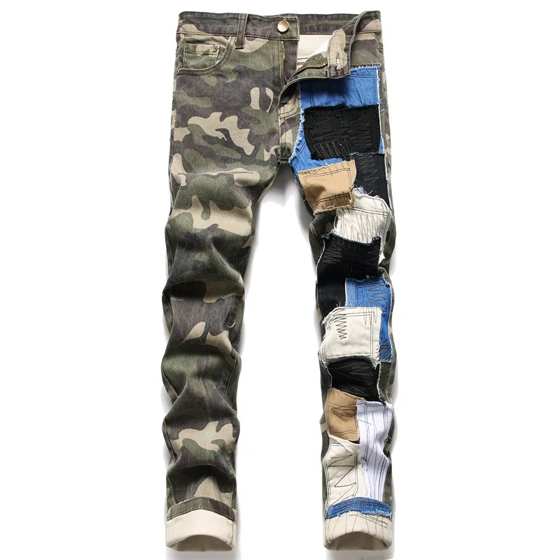 2023 Oem/odm men designer Complet Jeans Patch Ripped Jeans Straight Patchwork Slim Denim Pants camouflage jeans for men