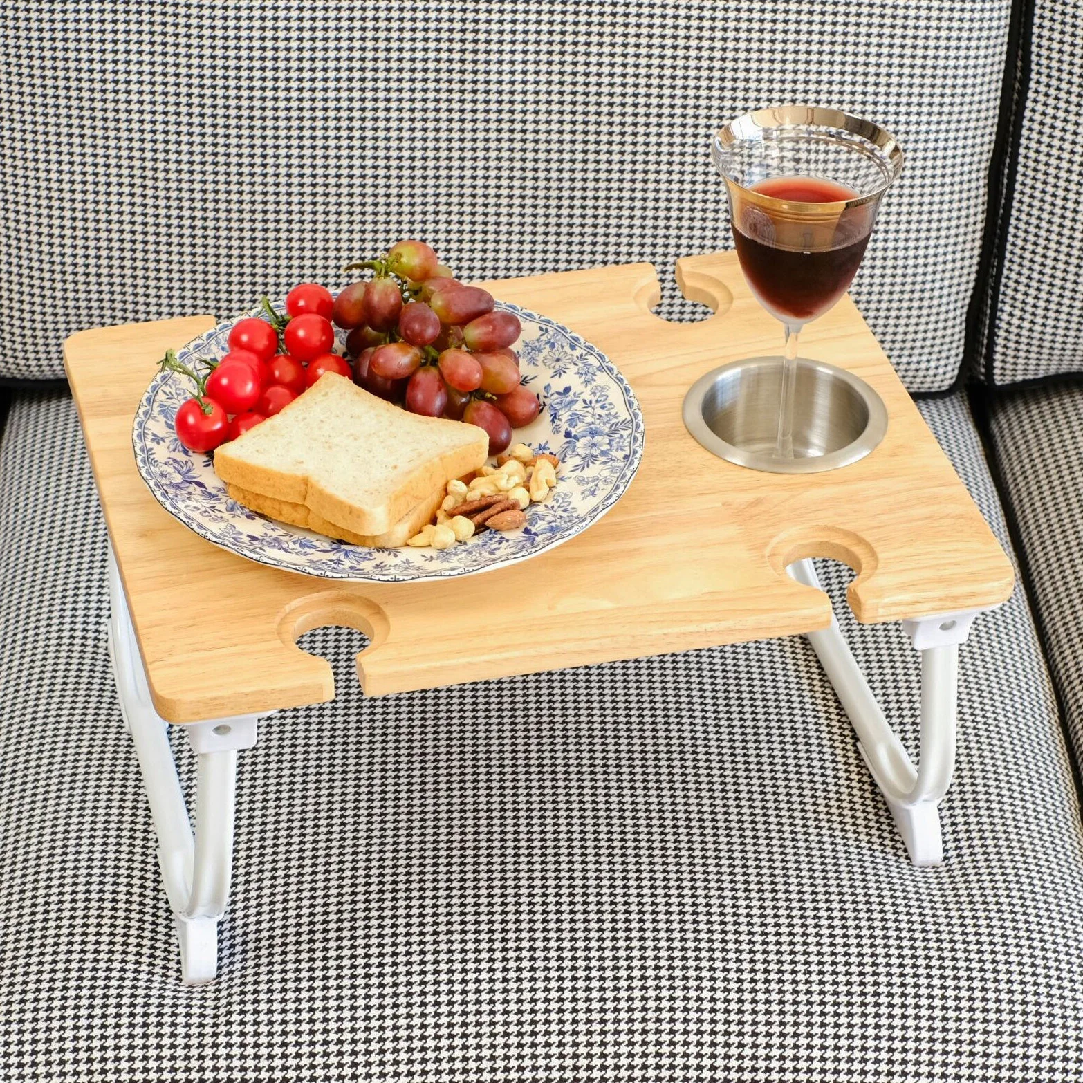 XH Foldable Picnic wine table with bottle holder, Portable beech table for outdoor camping, Wood bed tray with cup holder
