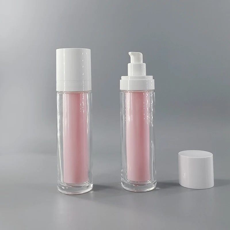 High quality glass airless pink Bottle 50ml with Refillable pump Inner Tube for Cosmetics Packaging