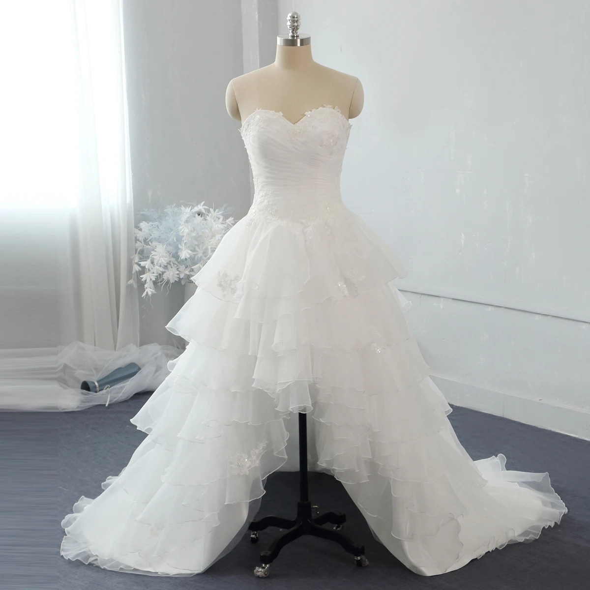 Ivory organza ruffle high low summer sweetheart short long weeding dress bride rochii