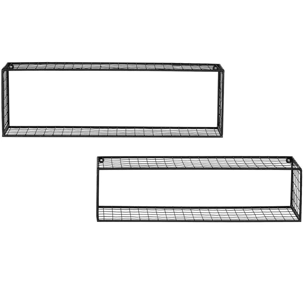 
Black Metal Wire Wall-Mounted Rectangular Floating Shelves, Display Shadow Boxes, Set of 2 