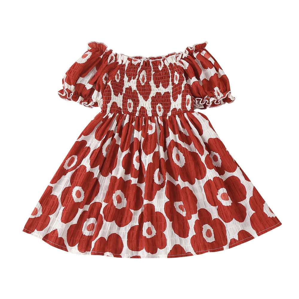 Summer 2022 Little Girl One-line One Shoulder Floral Print Dress Baby Flower Straps  Ruffle Top Tight Baby Girl Dress