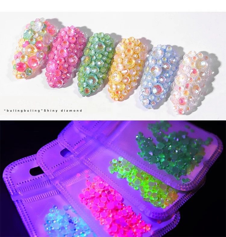 Wholesale Mixed Sizes Luminous Nail Rhinestones Crystal Shiny Nail Flat Drill Flash Glass Nail Art Decorations Tools