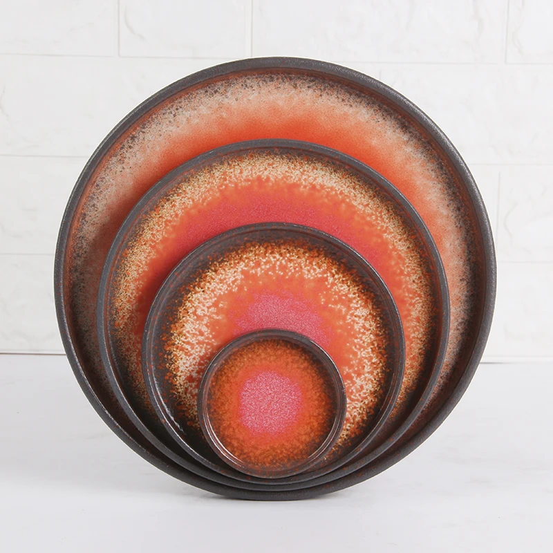 Wholesale Cheap 5 Piece Set Round Fine Porcelain Dinnerware Red Plates With Brown Rim Dinner Plate Sets Ceramic