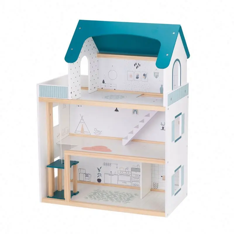 Wooden Doll House with Accessories DIY Large 3-Tier Pretend Play Toys with Elevators Toy for Kids