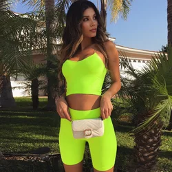 in-stock neon two piece crop top and running shorts set for women