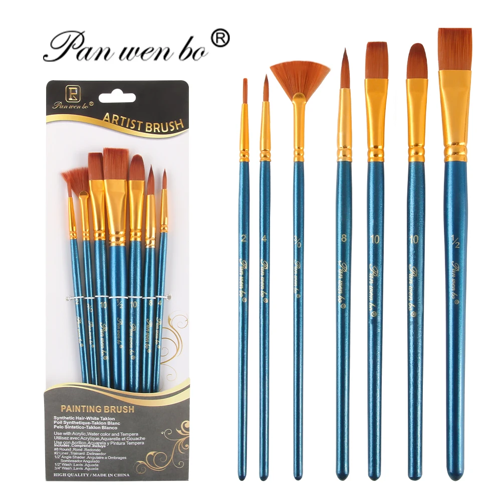 Panwenbo High Quality Paint Brush 7pcs/Set Blue Water Color Paint Brush Multishape Custom Paint Brush Set