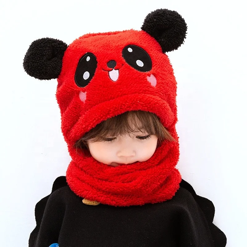 HWA 101181 Cute Panda Ears Cartoon Hat And Scarf Suit Winter Adult Kids Plush Neck Warm Beanie Hats Set