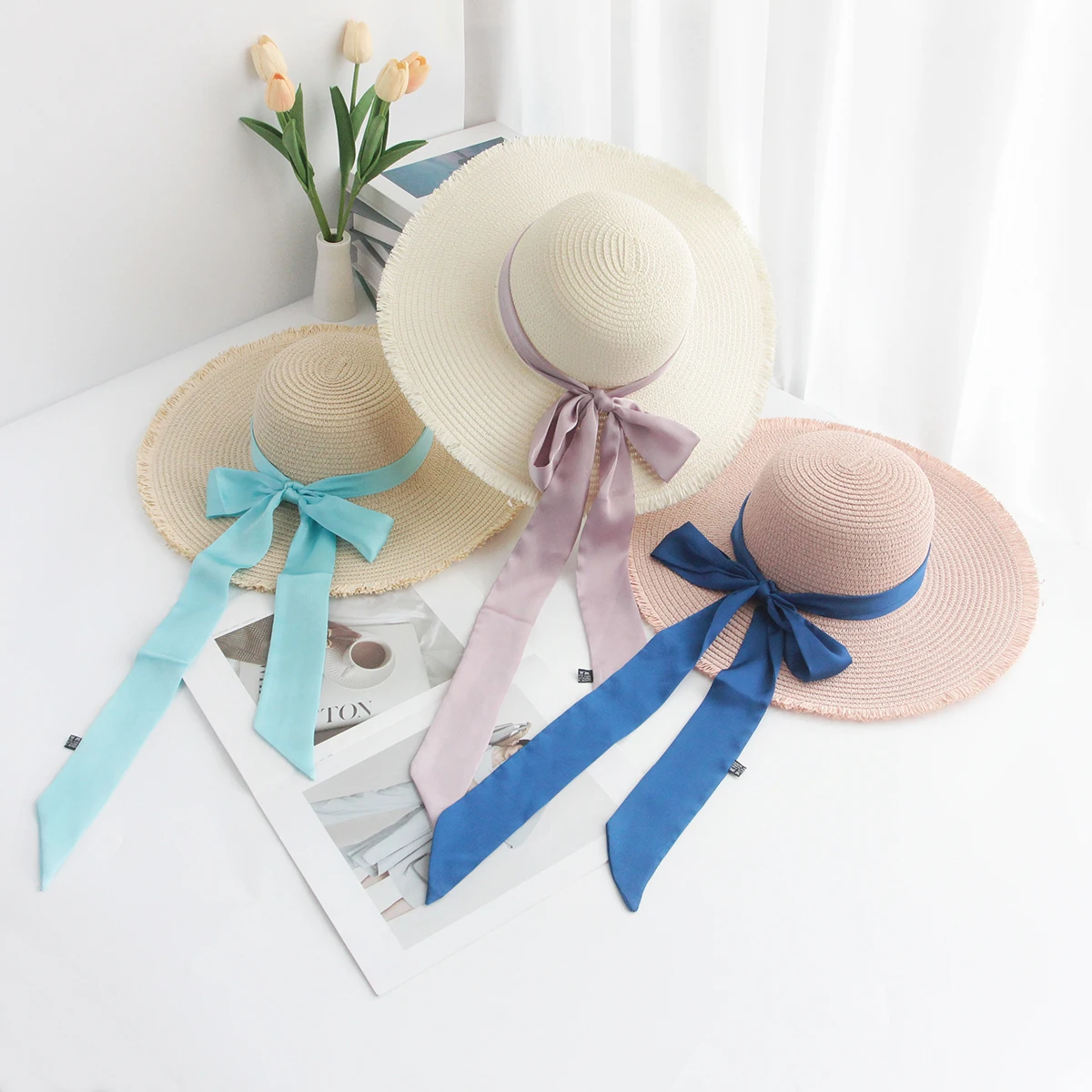 Raffia Edge And Long Ribbon Bow Women Summer Beach Cap Floppy Straw Hat Large Brim Sun Hat