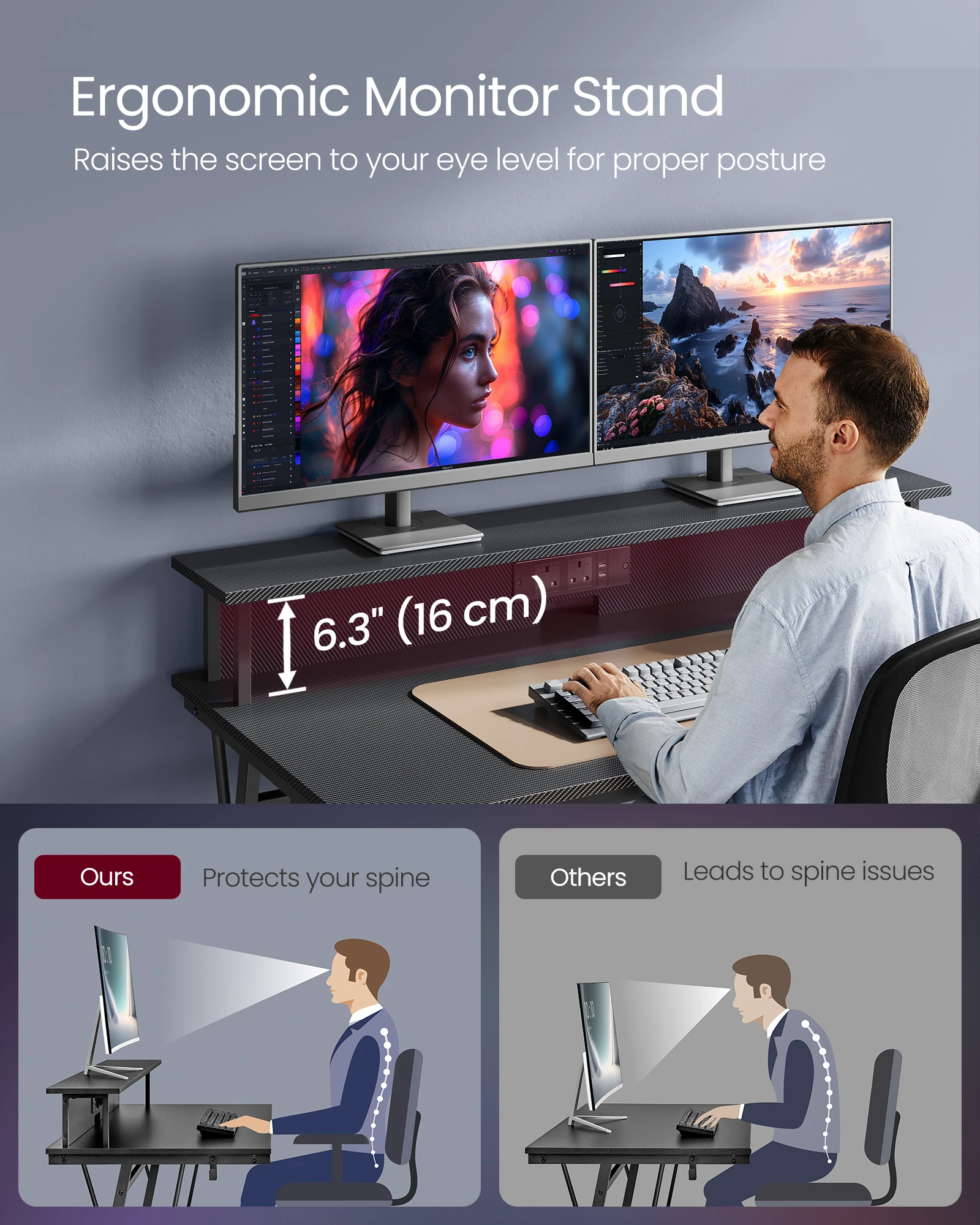 VASAGLE Carbon Fiber Surface Black Gaming Desk with LED Lights Ergonomic Computer Desk with Monitor Shelf