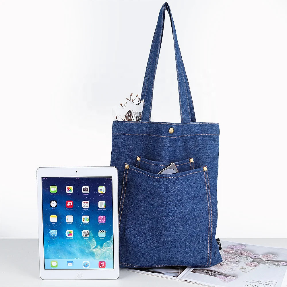 OEM/ODM Navy Blue Casual Jean Tote Bag Canvas Denim Shopping Tote Bag With Custom Printed Logo