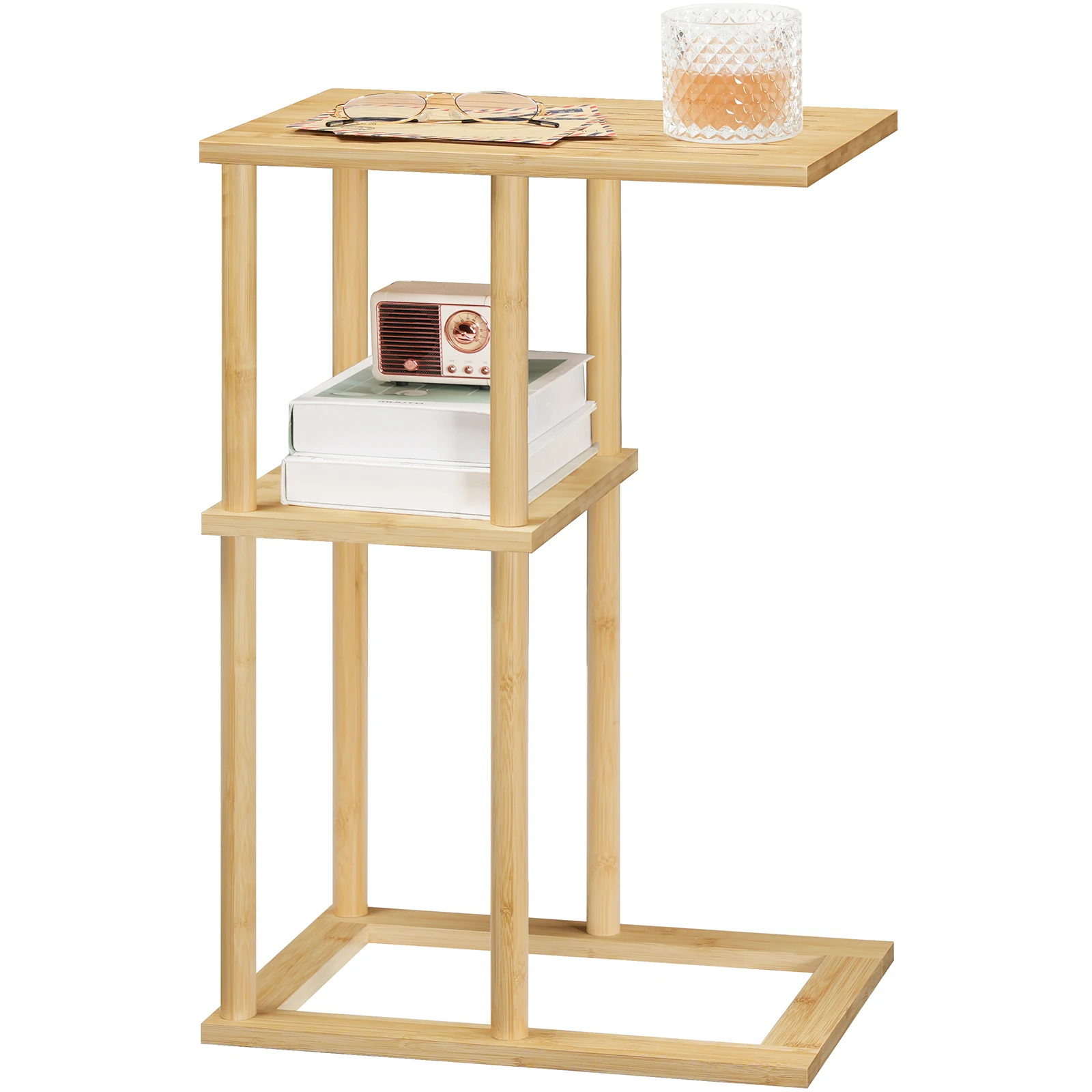 Wholesale Bamboo Wood C Shaped Table Sofa C Shaped Console End Table with Storage for Couch Small Snack Table for Living Room