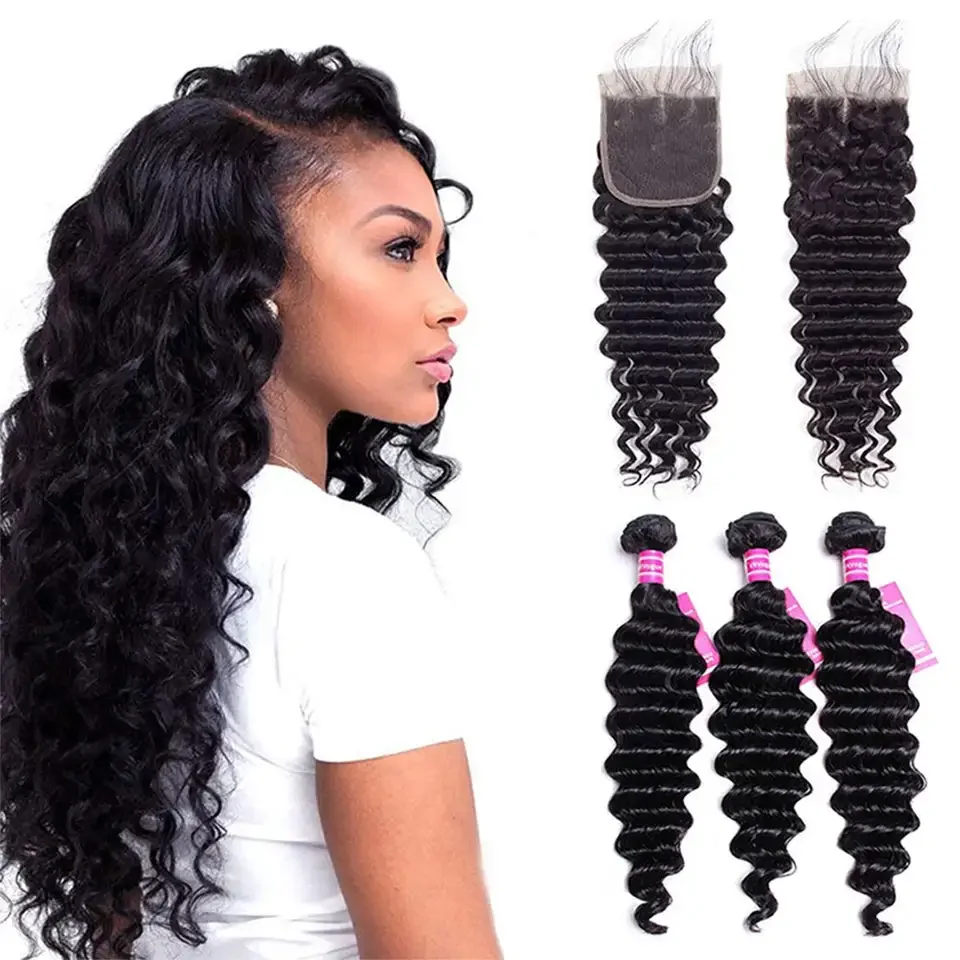 Cheap 3 In 1 Deep Wave Bundles With Frontal 13X4 Curly Hd Lace Frontal 13X6 Body Wave Peruvian Bundle Hair Vendors With Frontals