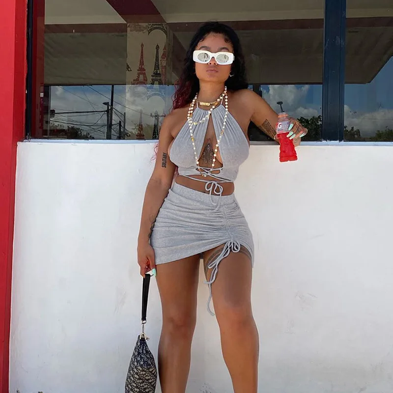 Summer dress 2022 Clothes Sexy Hollow Out Halter Neck Crop Top Drawstring Mini Skirt Two Piece Sets