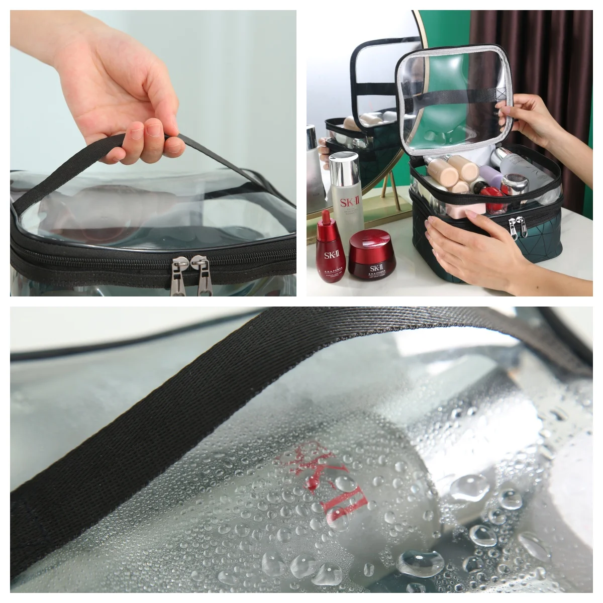 Double PVC Waterproof Portable Storage Bag with Handle Fashion Zipper PVC Case for Home and Office Cosmetic Bags & Cases
