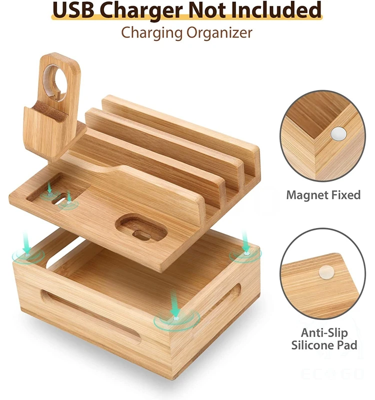 Bamboo Charging Station for Multiple-Devices Mobile Phone Docking Station Organizer