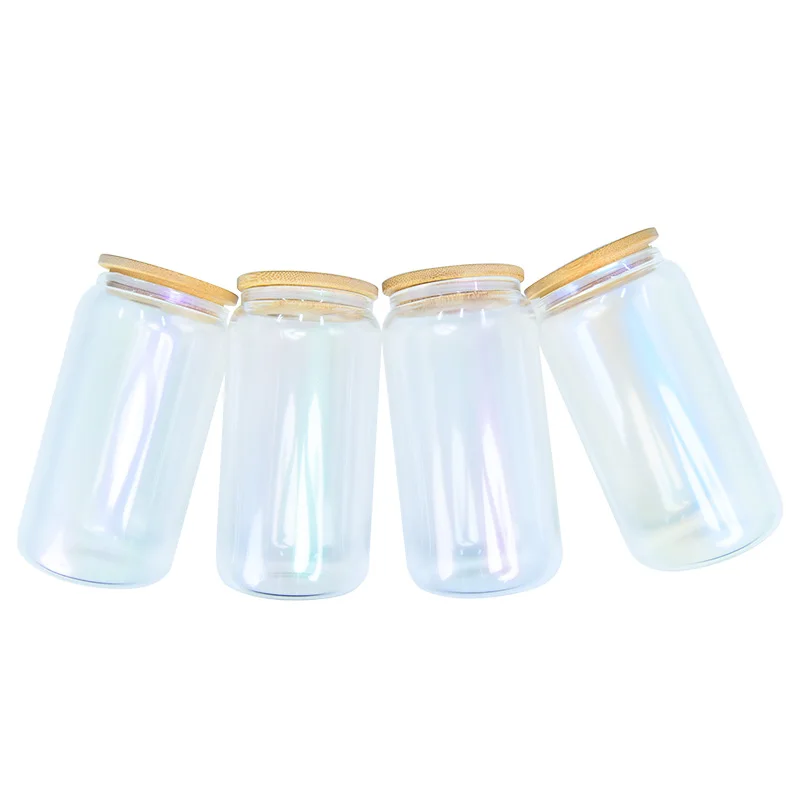 Usa Warehouse Holographic Shimmer Blank Beer Glass Cup Iced Coffee Can 16Oz Glitter With Bamboo Lids For Heat Press Printing