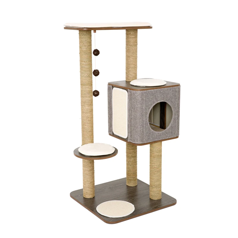 
High Quality Safe Stable Cat Tree Large Wood Climbing Grey Brown Cat Tree Huge for Many Cats 