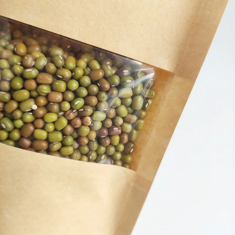 Brown Stand Up Kraft Paper Zip Lock Bag With Clear Window For Food Packaging