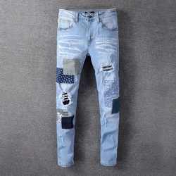 Color block patch ripped jeans men stock all sizes skinny stretch jeans men