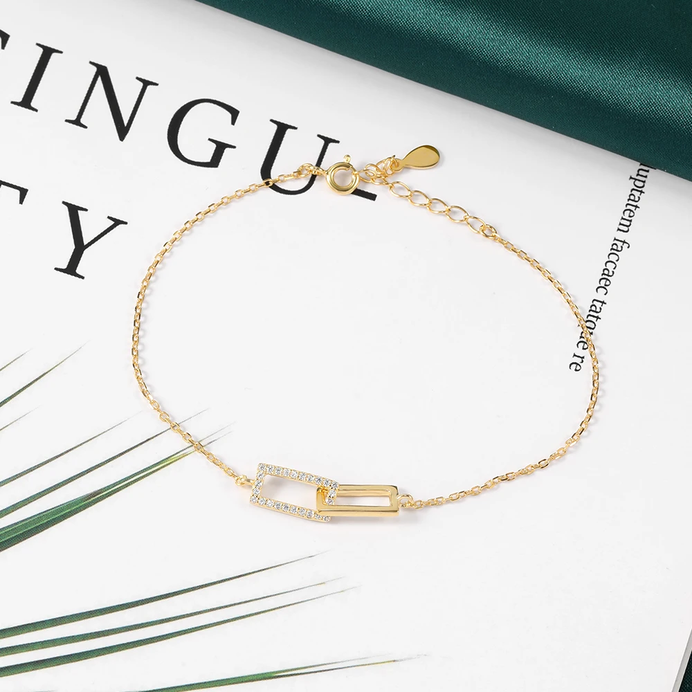 New Arrival 925 Sterling Silver 18k Gold Plated Jewelry paperclip zircon double square bracelet mexican bracelets For Women