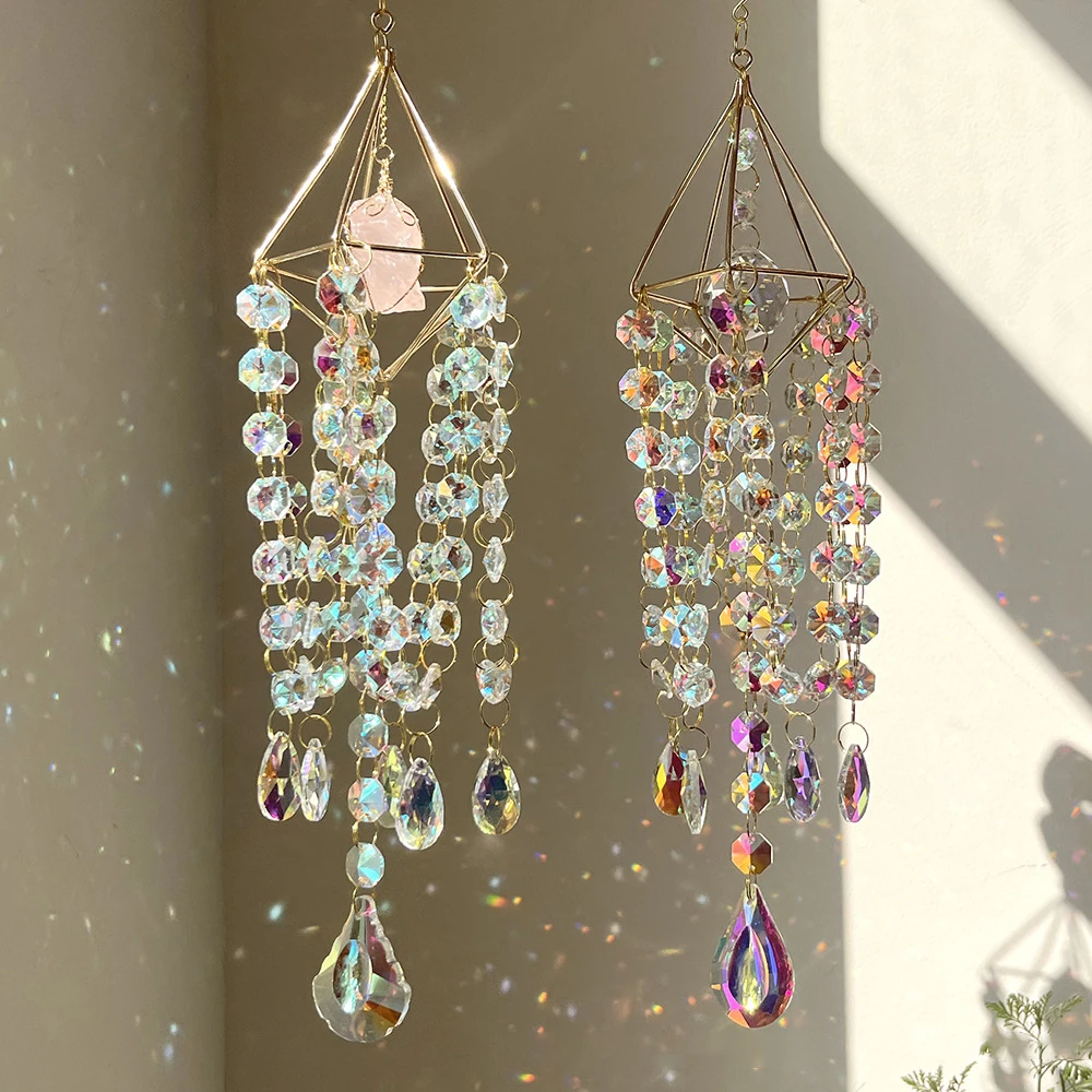 Natural Gold Plated Handmade Rainbow Maker Crystal Wind Chime Hanging Sun Catchers For Decoration