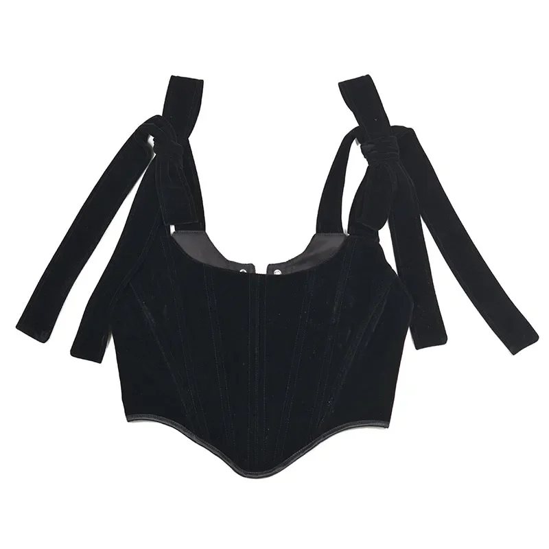 Velvet Retro Bodice Black Lace Bow Camisole Y2k Vintage Velvet Sexy Corset Tops Strappy Halter