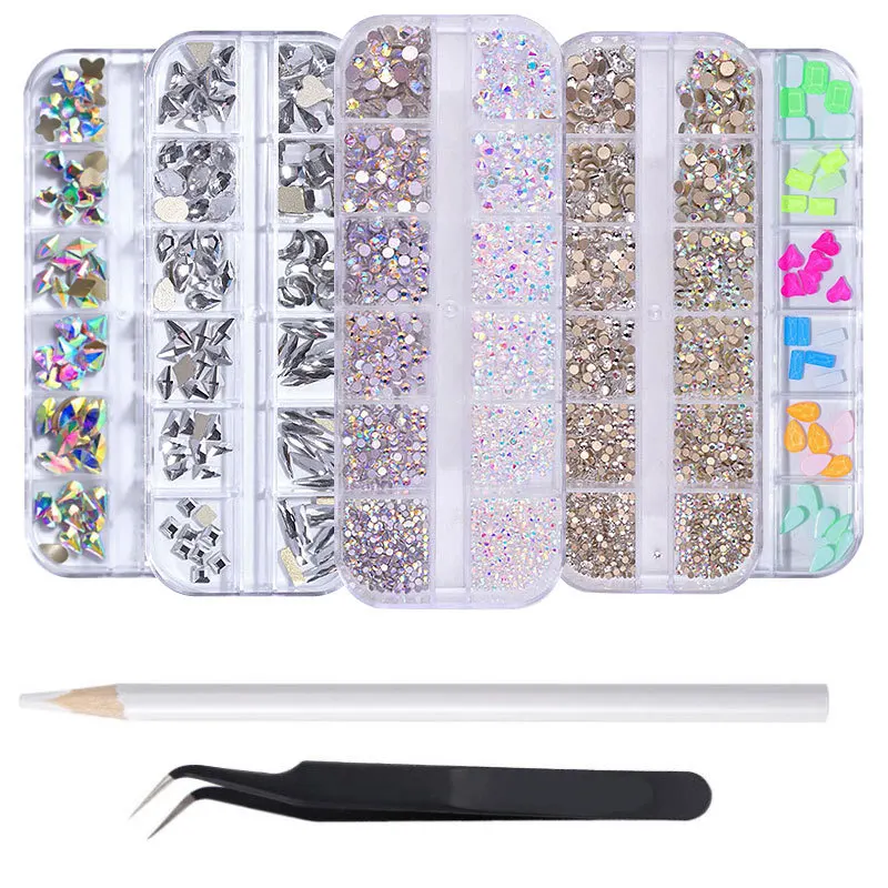 
Geometric Glass Dimond Nail Diamond Stone Strass AB Glass Rhinestones For 3D Nails Art Decora 12 Grid Strip Boxed Set Manicure 