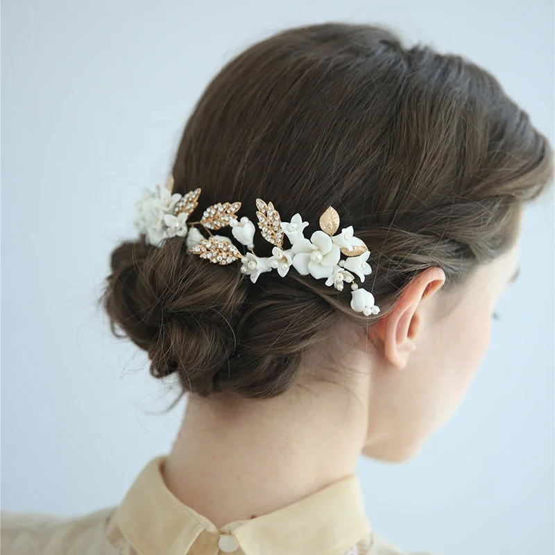 Wholesale Fashion Jewelry Set Ceramic Flower Wedding Headpiece Hair Clip Accessories Bridal Hair Pins For Women