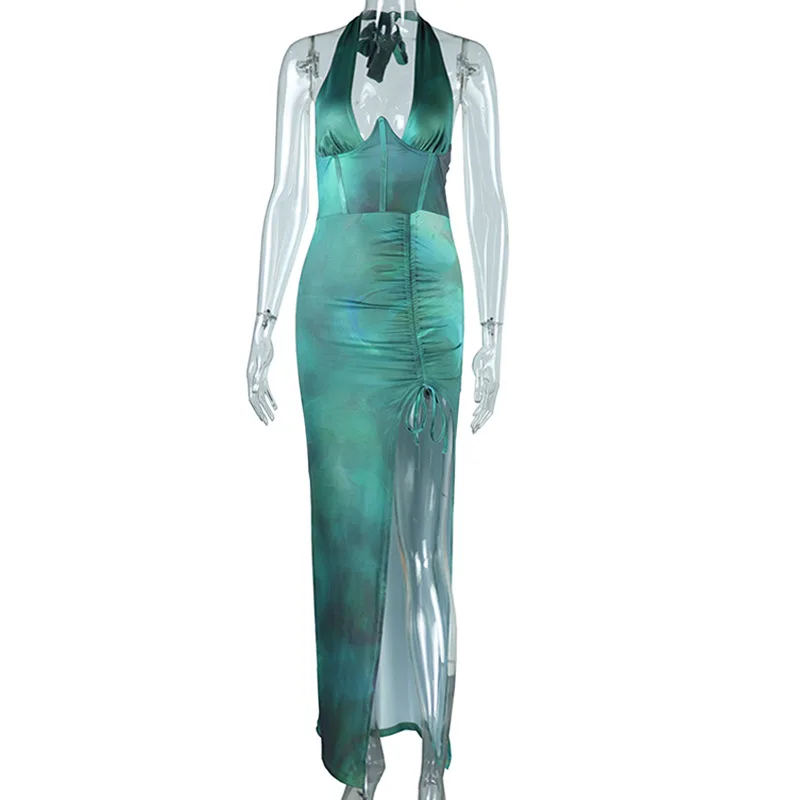 European and American style sexy slim dress V-neck hanging neck split middle length skirt drawcord printed dress