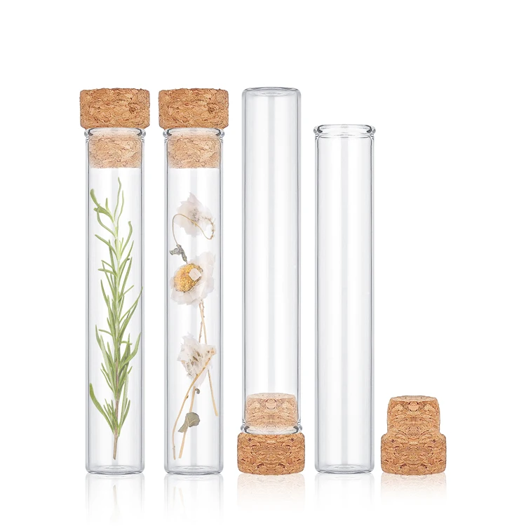 90mm 116mm 120mm Custom Logo Round Shape Flat Bottom Glass Tube Packaging Pre Roll Tube With Wooden Cork Lid