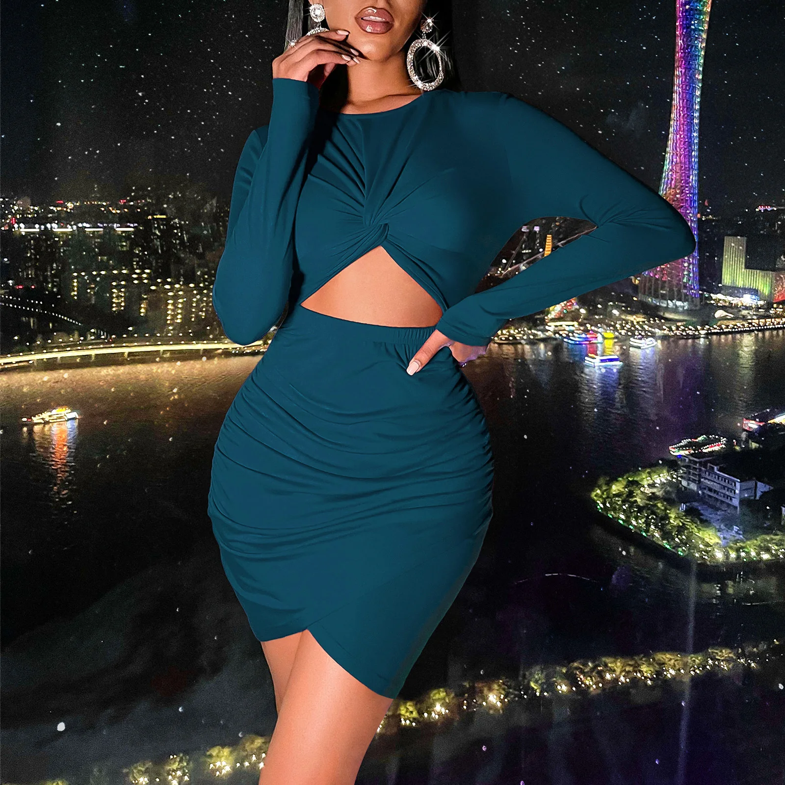 Hot Sale Fashion elegant prom dresses Ruched Long Sleeve Sexy Bodycon casual Mini Dress Women