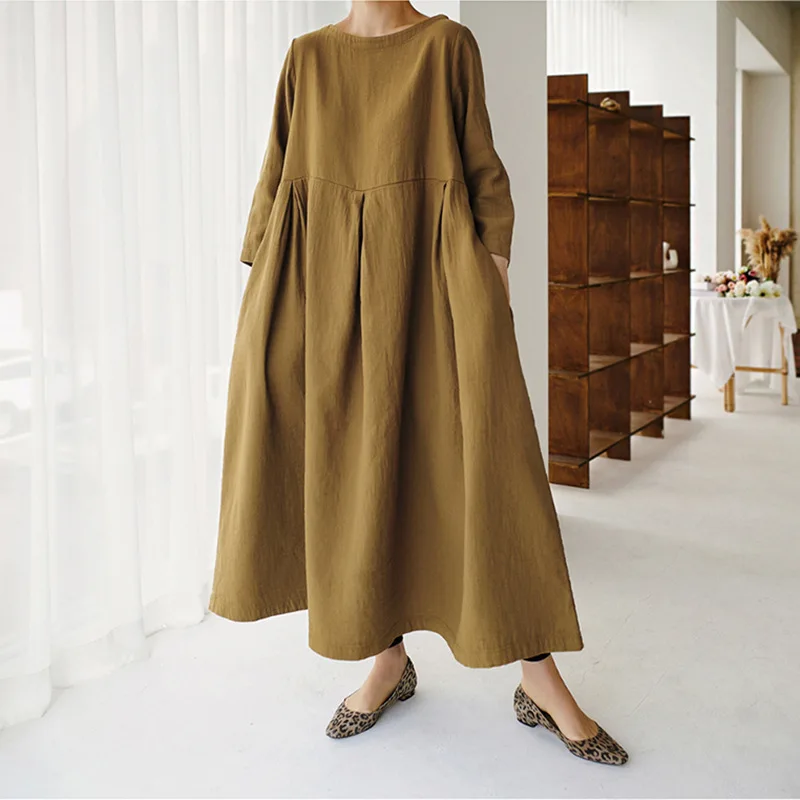 Wholesale stock 2022 new arrival elegant casual korean Japanese style organic plus size cotton linen womens long dresses