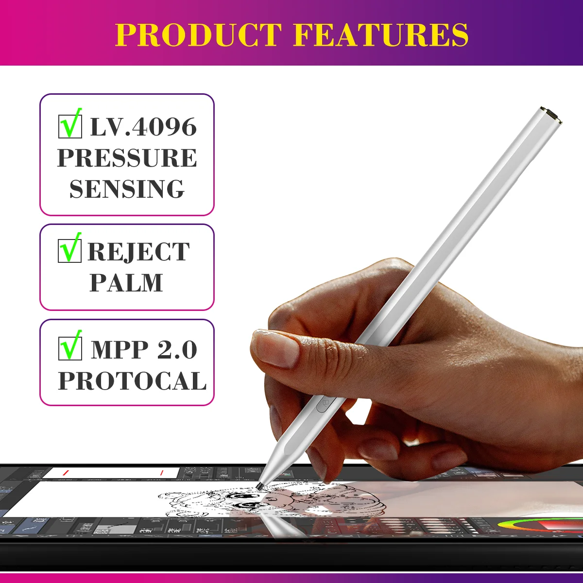 4096 Pressure Palm Rejection Surface Stylus Pen Rechargeable For Microsoft Surface pro x/go 3/book/Tablet Laptop