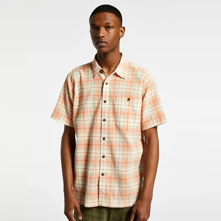 Oem Wholesale Turn-down Collar 100% Cotton Summer Orange Checked Short Sleeves Shirts For Men