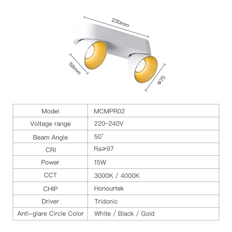 XrzLux 15W Nordic Modern Double Head Surface Mount Ceiling Spotlight Aluminum 355 Degree Rotatable Adjustable Led Downlight