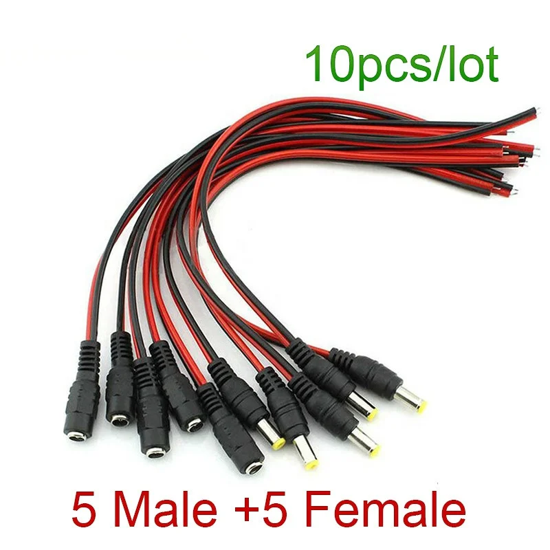 10pcs/Lot 2.1x5.5 mm Male Female Plug 12V Dc Power Pigtail Cable Jack For Cctv Camera Connector Tail Extension 12V DC Wire