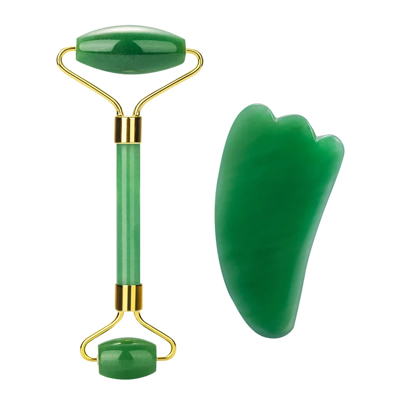 New Design Custom Facial Green Jade Massage Roller And Gua Sha Set (1600143216009)