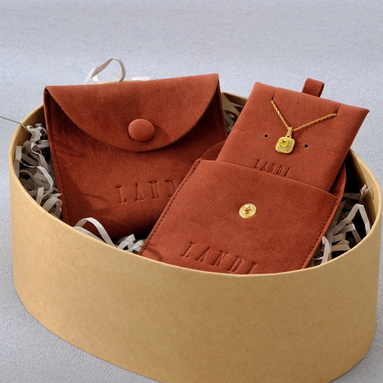 New Microfiber Custom Logo Jewelry Packaging Suede Bag Bracelet Necklace Snap Button Microfiber Jewelry Pouch and Card Insert
