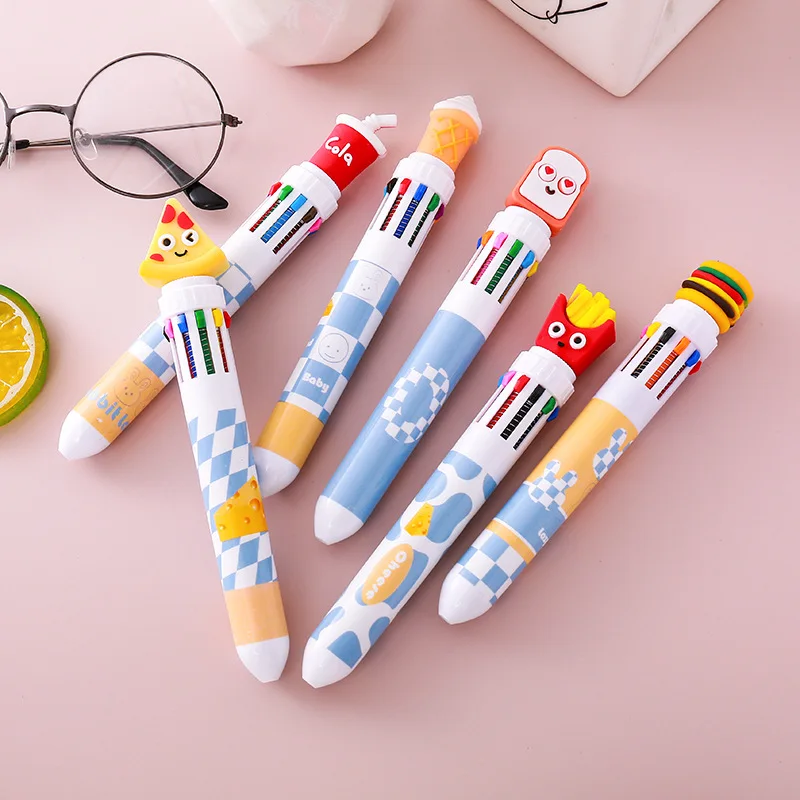 Cartoon Bear Burger Pizza 10 Color Ballpoint Pen Student Cute Stationery Gift Color Press Ballpoint Pen