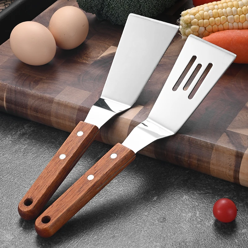 Multifunction Small Frying Spatula Steak Spatula Cooking Shovel Cutter Shovels Fish Eggs Pancakes Pork Steak  with wooden handle