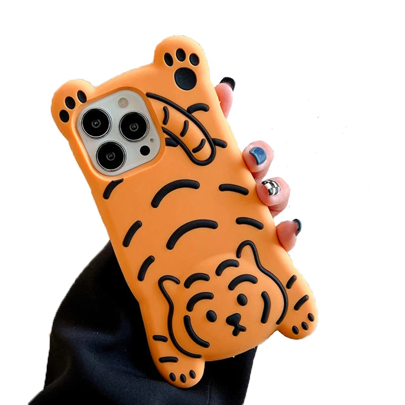 3D Cute Cartoon Lay Down Tiger Soft Rubber Shockproof Phone Case Cover for iPhone 13 12 11 Pro Max
