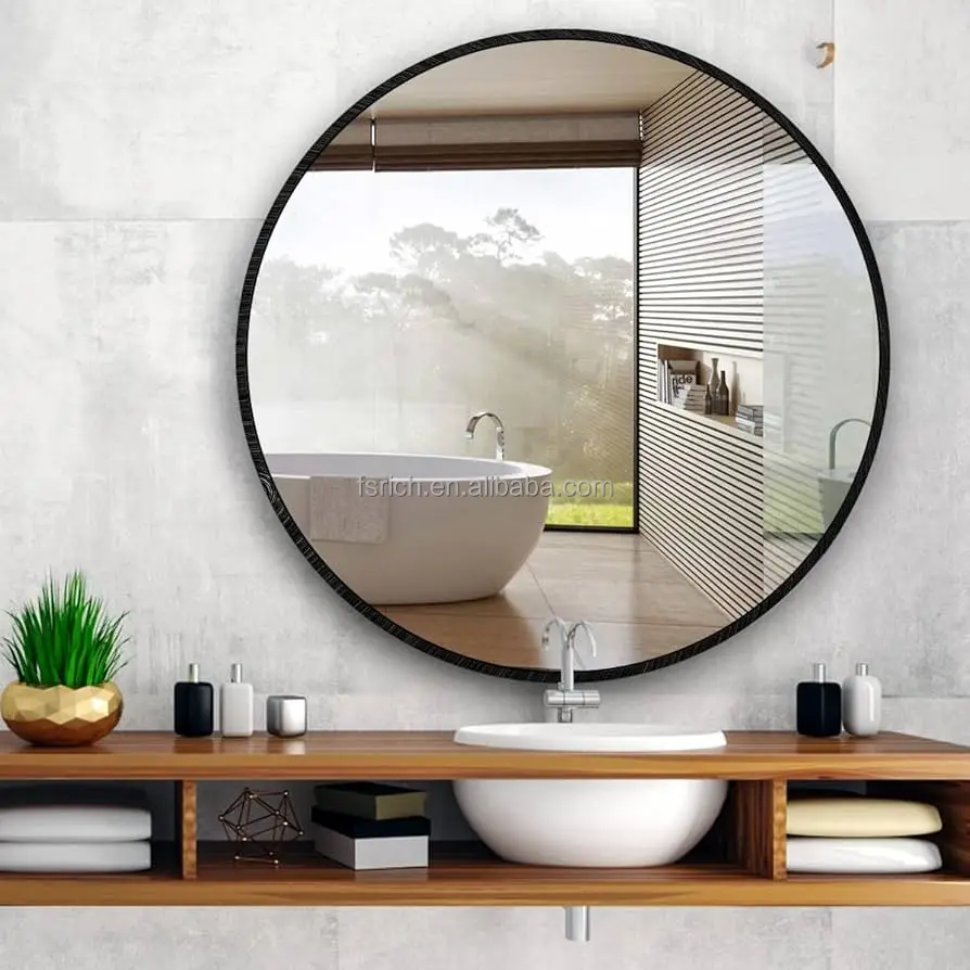 Wholesale Matte Black Aluminum Metal Frame 50 60 70 80Cm Toilet Mirror Bathroom Vanity Round Wall Mounted Bathroom Mirror