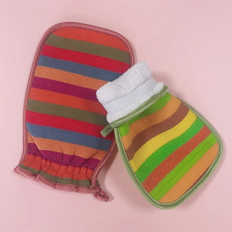 Factory Wholesale Round Corner Color Striped Inner Crystal Velvet Double Sided Viscose Fiber Dead Skin Remover Exfoliating Glove